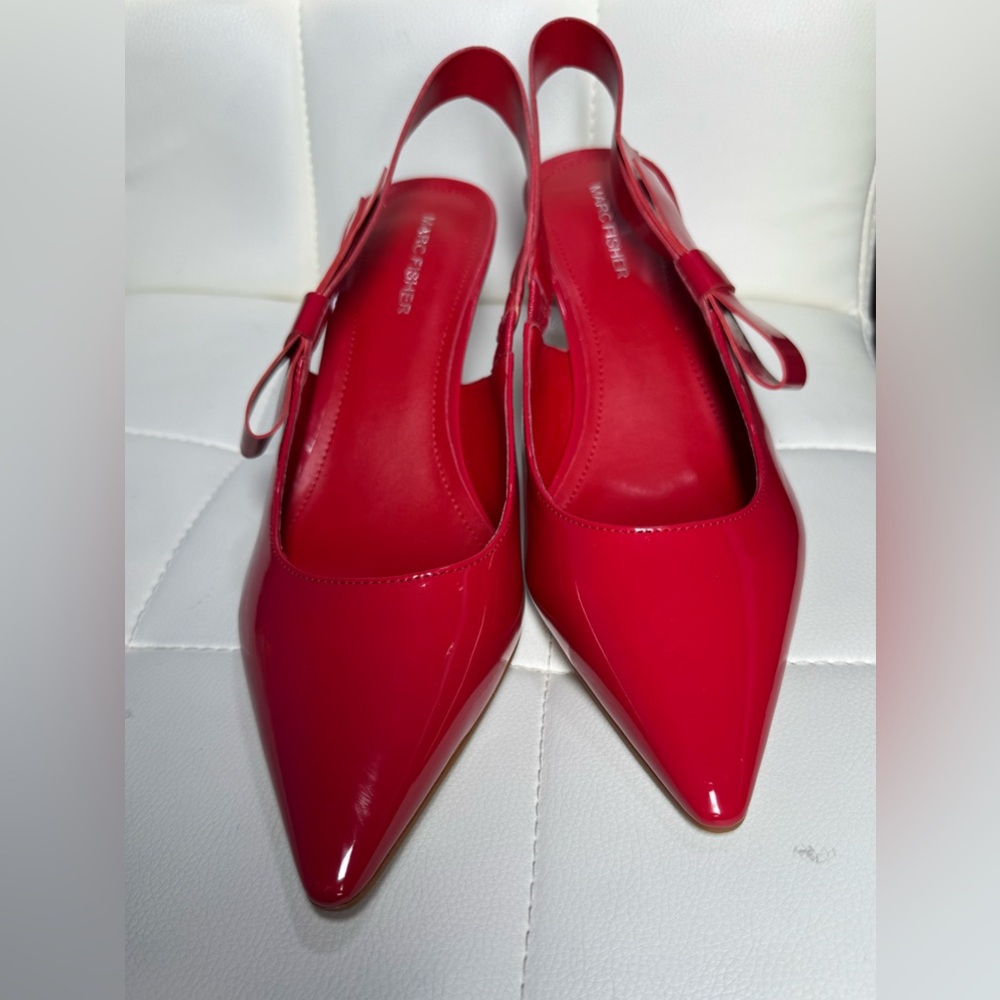 Red Patent Slingback Pointed-Toe Heels with Bow Accent - Picture 13 of 14